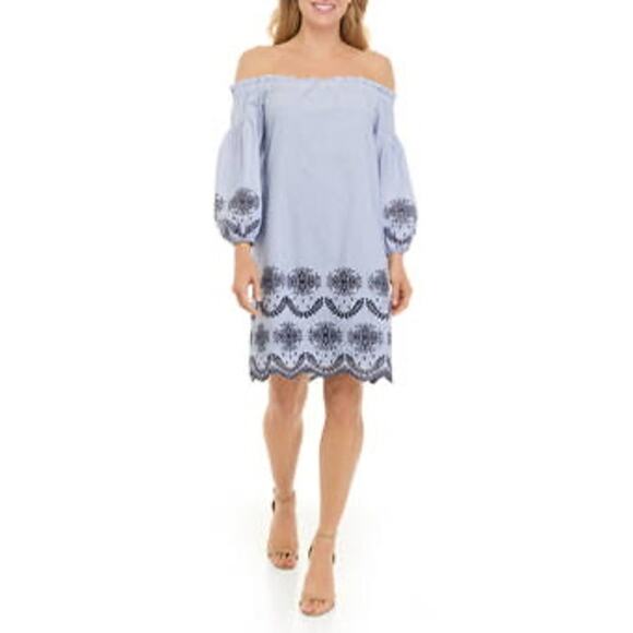 Vince Camuto Women's Off the Shoulder Eyelet Shift Dress Embroidered Hem SZ 14W - Picture 1 of 15